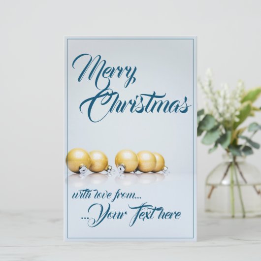 Fünf goldene Weihnachtsbälle - blaues Schreiben (Stehend Vorderseite)