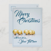 Fünf goldene Weihnachtsbälle - blaues Schreiben Feiertagspostkarte (Vorne/Hinten)