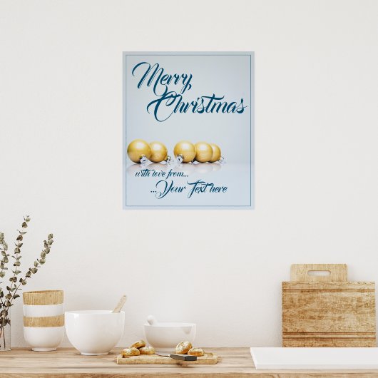 Fünf goldene Weihnachtsbälle - blaues Schreiben Poster (Küche)