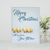 Fünf goldene Weihnachtskugeln - blaue Schrift (Stehend Vorderseite)