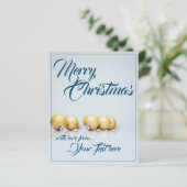 Fünf goldene Weihnachtskugeln - blaue Schrift (Stehend Vorderseite)