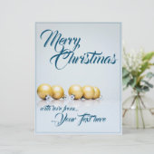 Fünf goldene Weihnachtskugeln - blaue Schrift (Stehend Vorderseite)