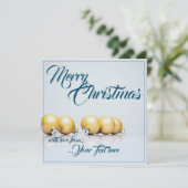 Fünf goldene Weihnachtskugeln - blaue Schrift (Stehend Vorderseite)