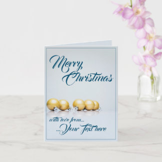Fünf goldene Weihnachtskugeln - blaue Schrift Karte