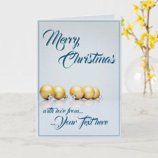 Fünf goldene Weihnachtskugeln - blaue Schrift Karte