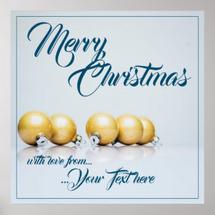 Fünf goldene Weihnachtskugeln - blaue Schrift Poster