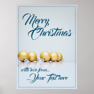 Fünf goldene Weihnachtskugeln - blaue Schrift Poster