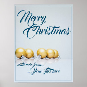 Fünf goldene Weihnachtskugeln - blaue Schrift Poster