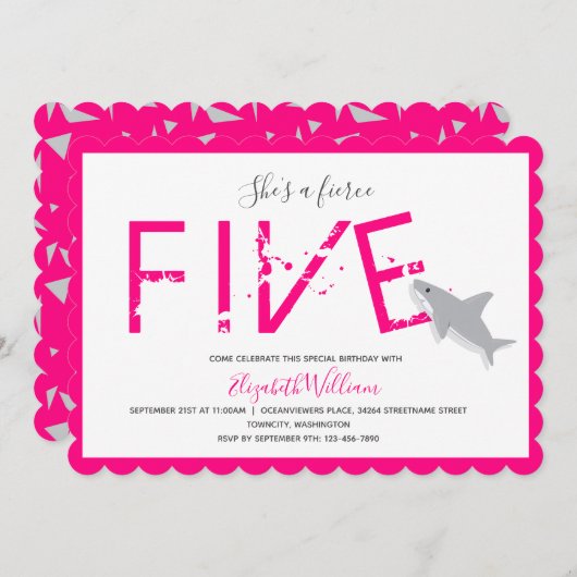Fünf heiße rosa Hai Tier Einladung (Vorne/Hinten)