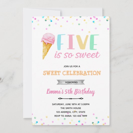 Fünf ist so eine süße Eis-Einladung Einladung (Vorderseite)
