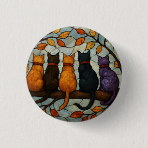 Fünf Katzen auf einem Baumzweig im Buntglasstil Button