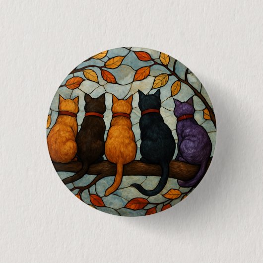 Fünf Katzen auf einem Baumzweig im Buntglasstil Button (Vorderseite)