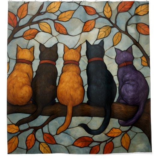 Fünf Katzen auf einem Baumzweig im Buntglasstil Duschvorhang (Vorderseite)