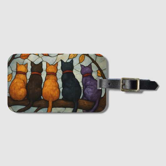 Fünf Katzen auf einem Baumzweig im Buntglasstil Gepäckanhänger (Vorderseite (Horizontal))