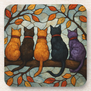Fünf Katzen auf einem Baumzweig im Buntglasstil Getränkeuntersetzer