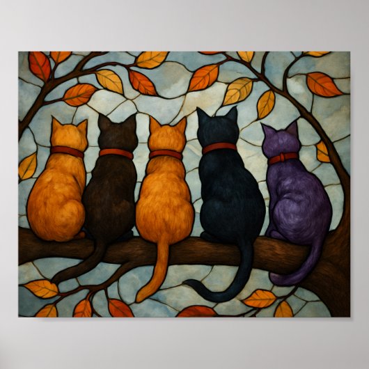 Fünf Katzen auf einem Baumzweig im Buntglasstil Poster (Vorne)