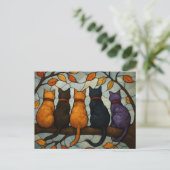 Fünf Katzen auf einem Baumzweig im Buntglasstil Postkarte (Stehend Vorderseite)