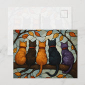 Fünf Katzen auf einem Baumzweig im Buntglasstil Postkarte (Vorne/Hinten)