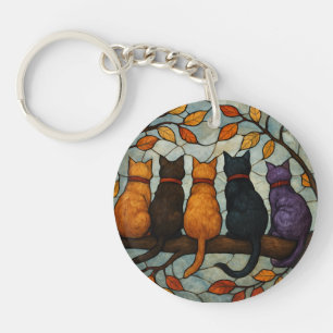 Fünf Katzen auf einem Baumzweig im Buntglasstil Schlüsselanhänger