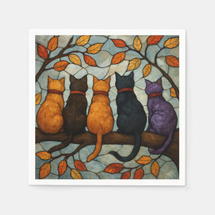 Fünf Katzen auf einem Baumzweig im Buntglasstil Serviette