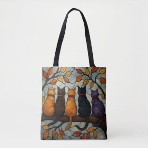 Fünf Katzen auf einem Baumzweig im Buntglasstil Tasche