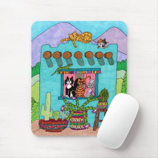 Fünf Katzen in einem Aqua-Adobe-Haus Mousepad (Mit Mouse)