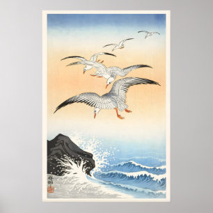 Fünf Möwen über turbulenter See Japanische Feine Poster