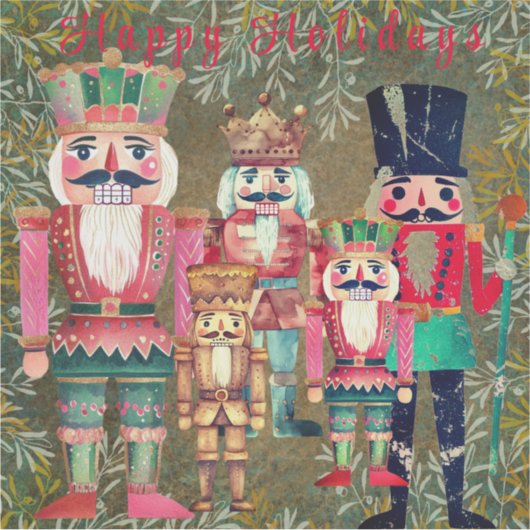 Fünf Nutcrackers Happy Holidays farbenfroh Aufkleber (Vorderseite)
