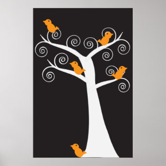 Fünf orangefarbene Vögel in einem Baumposter Poster