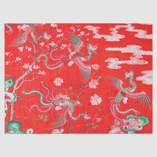 Fünf Phönixe im chinesischen roten Blumengarten Seidenpapier (Vorderseite)