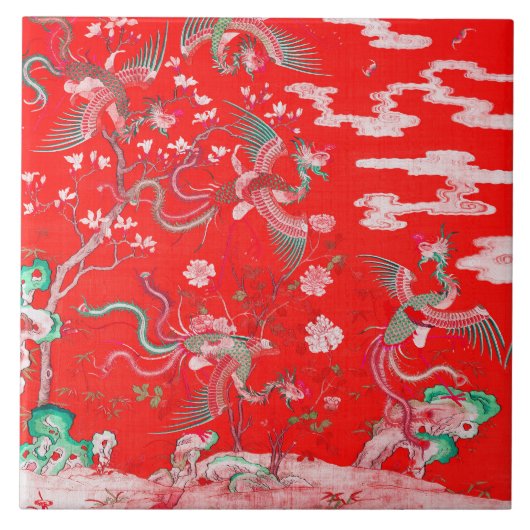 Fünf Phönixe im Garten Chinesisch Rot Floral Fliese (Vorderseite)