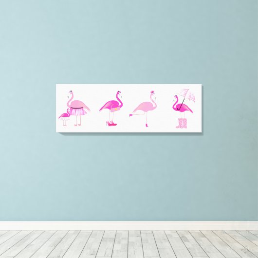 Fünf rosa Flamingos - Wrapped Canvas Leinwanddruck (Insitu (Holzboden))