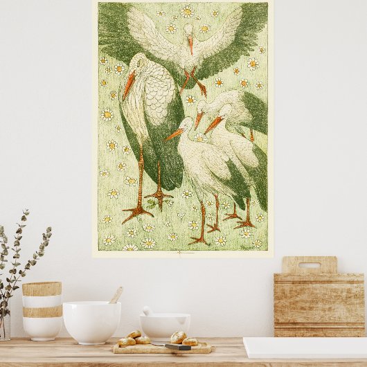 Fünf Storchen auf einer Wiese Poster (Küche)
