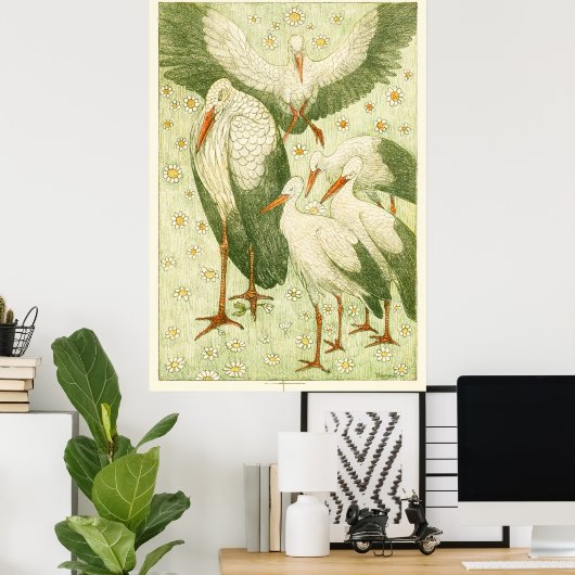 Fünf Storchen auf einer Wiese Poster (Heimbüro)