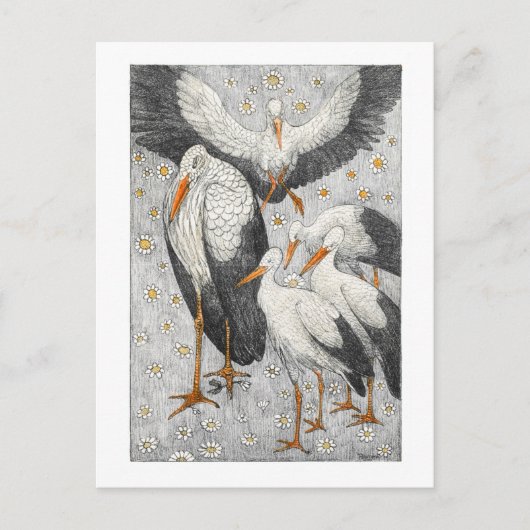 Fünf Storchen auf einer Wiese - Theo van Hoytema Postkarte (Vorderseite)