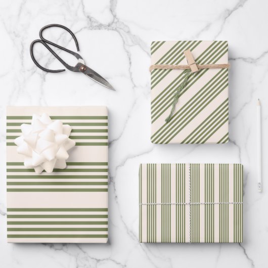 Fünf Streifen in Olivgrün und Beige Geschenkpapier Set (Vorderseite)