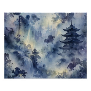 Fünf-Stufen-Pagode Mystischer Wald Indigo Gold Poster