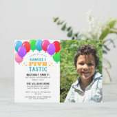 FÜNF tastic 5. Geburtstag Balloon Blue Foto Einladung (Stehend Vorderseite)