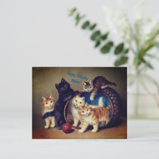 Fünf Vintage Katzen Geburtstagswünsche| POSTCARD Feiertagspostkarte (Stehend Vorderseite)