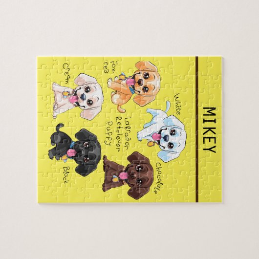 Fünf Welpen Puzzle mit personalisiertem Namen. (Horizontal)