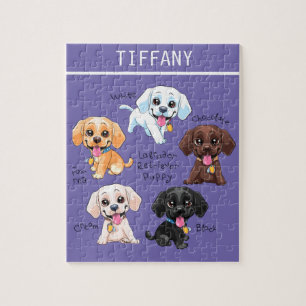 Fünf Welpen Puzzle mit personalisiertem Namen.
