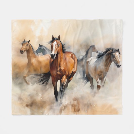 „Fünf wilde Mustangs“ staubige westliche Aquarellm Fleecedecke (Vorderseite (Horizontal))