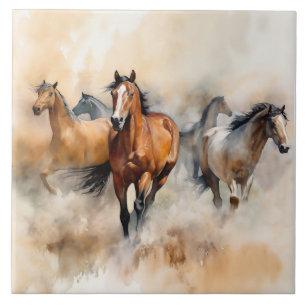 „Fünf wilde Mustangs“ staubige westliche Aquarellm Fliese