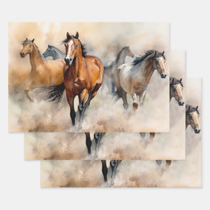 „Fünf wilde Mustangs“ staubige westliche Aquarellm Geschenkpapier Set