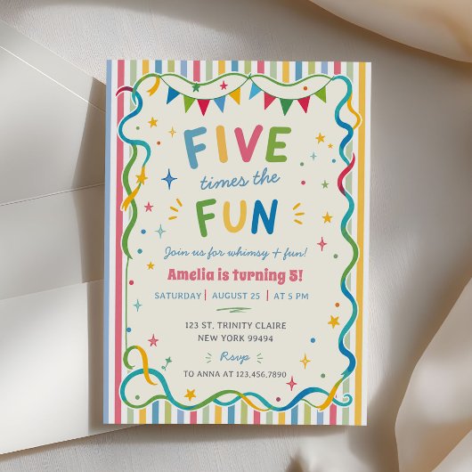 Fünfmal Spaß Buntes Mädchen 5. Geburtstag Einladung