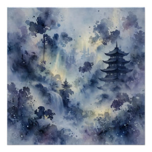 Fünfstöckige Pagode Mystischer Wald Indigo Gold Poster