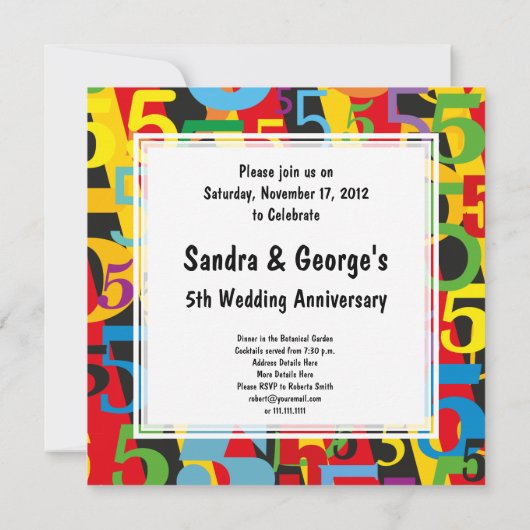 Fünftes Hochzeitsszenario mit farbenfrohen Retro-M Einladung (Rückseite)