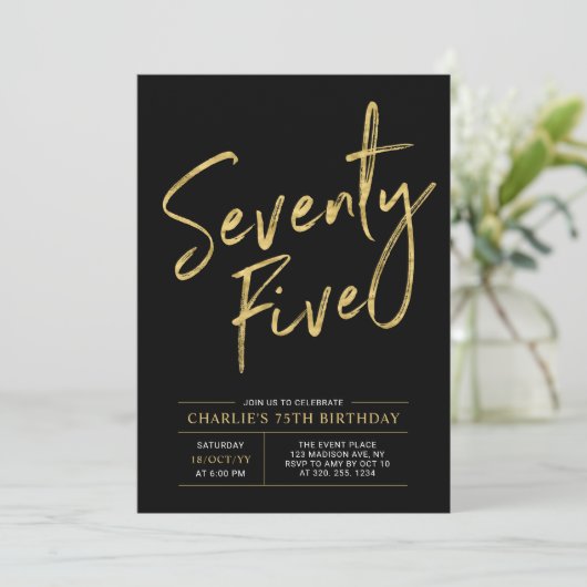 fünfundsiebzig | Gold & Black 75. Geburtstag Einladung (Stehend Vorderseite)