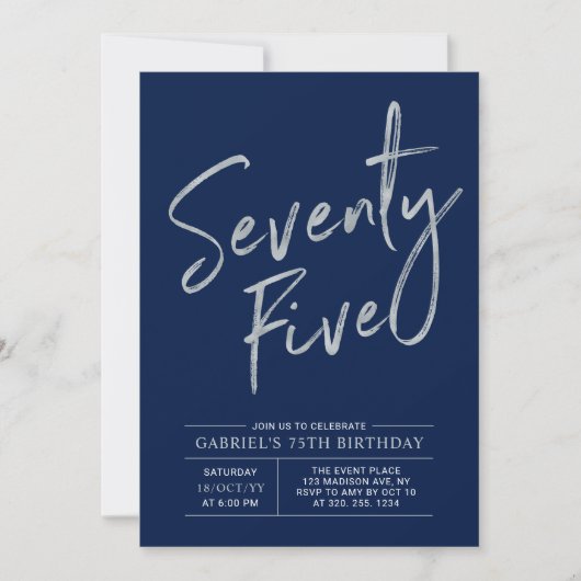 fünfundsiebzig | Silver & Navy 75. Geburtstag Einladung (Vorderseite)