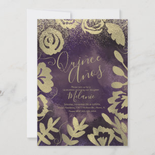 Fünfzehn Faux Glitter Lila Blumen Gold Geburtstag Einladung
